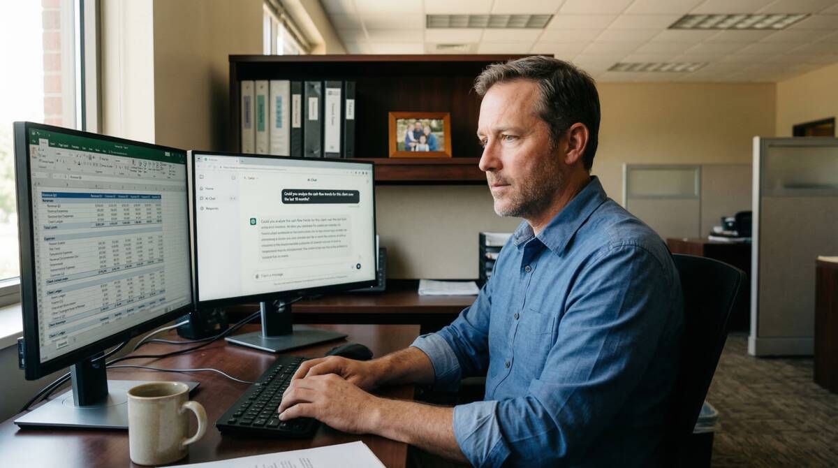 CAS practitioner working at dual monitors with AI interface and accounting software