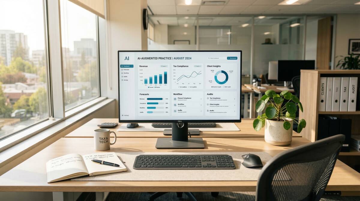 Clean modern workspace with AI-augmented dashboard