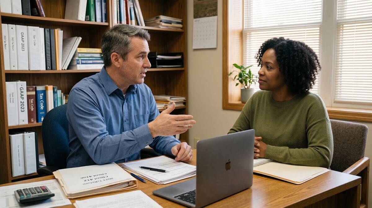 Advisory conversation between practitioner and client across a desk