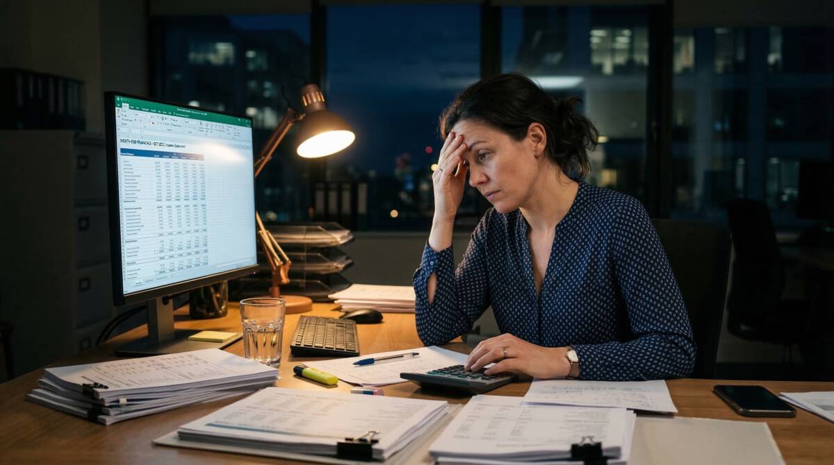 Practitioner working late during month-end close — desk lamp and monitor glow