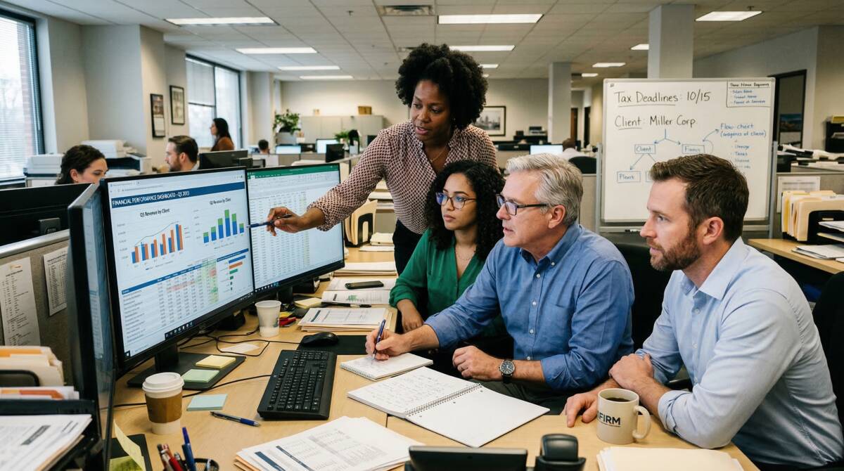 Small accounting team collaborating around monitors in a mid-market office