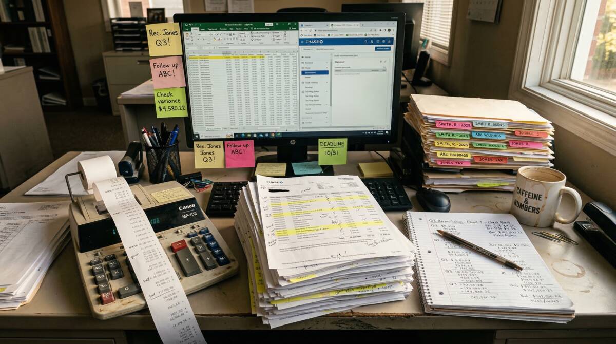 Overloaded accountant desk with manual workflows — sticky notes, printed statements, calculator tape